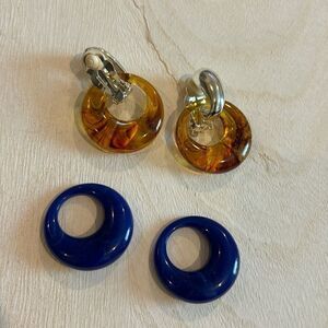 Vintage Faux Tortoise Navy Blue Silver Dangle Clip On Earrings Interchangeable‌